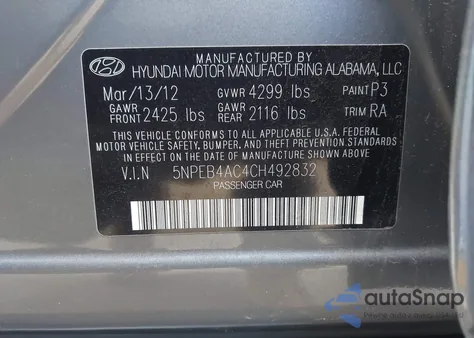 2012 Hyundai Sonata Gls z USA, uszkodzony, nr VIN 5NPEB4AC4CH492832